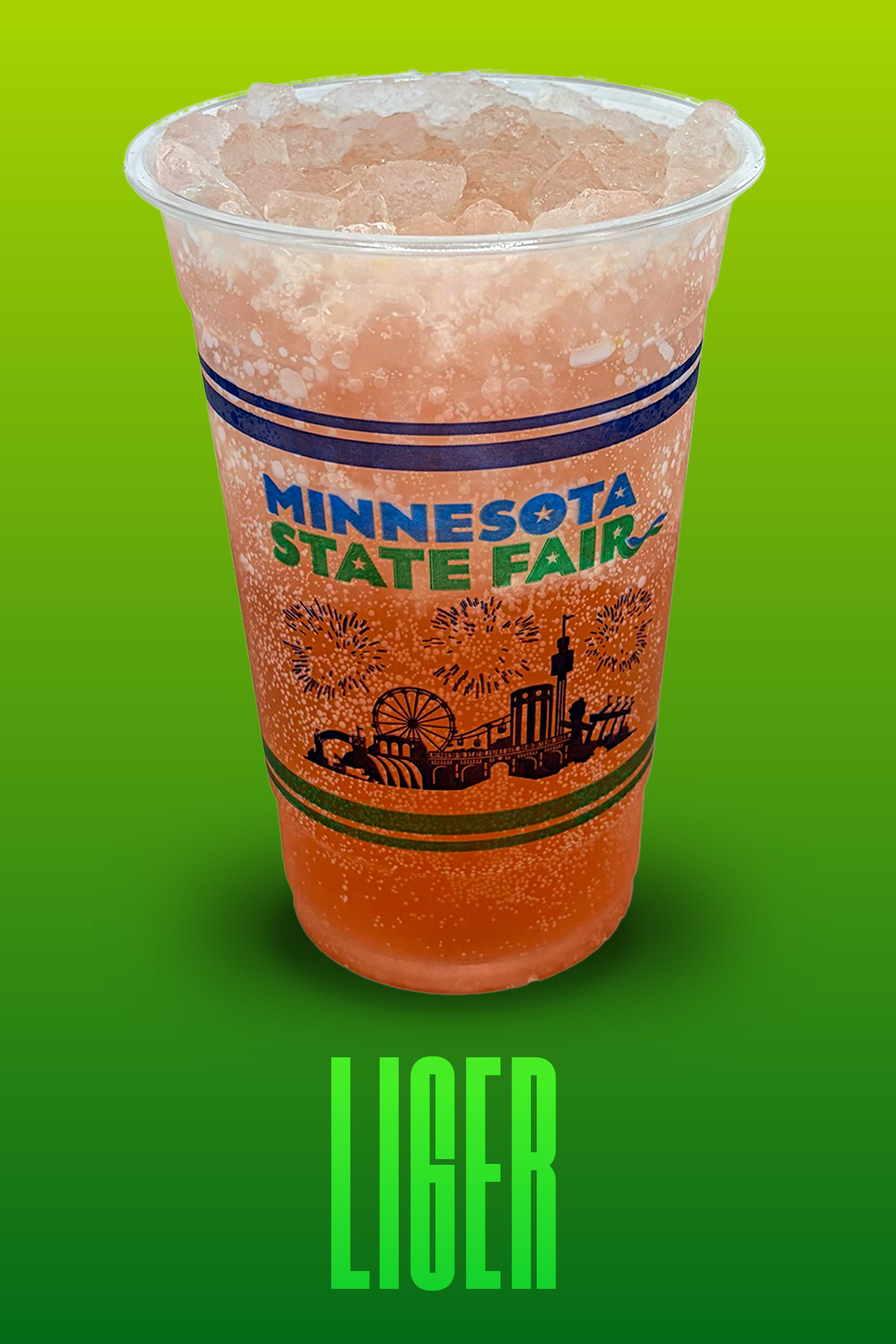 a plastic cup with ice and a pink beverage, featuring the minnesota state fair logo and illustrations of the fairgrounds, set against a bright green background with the word "liger" in green letter, bottom.