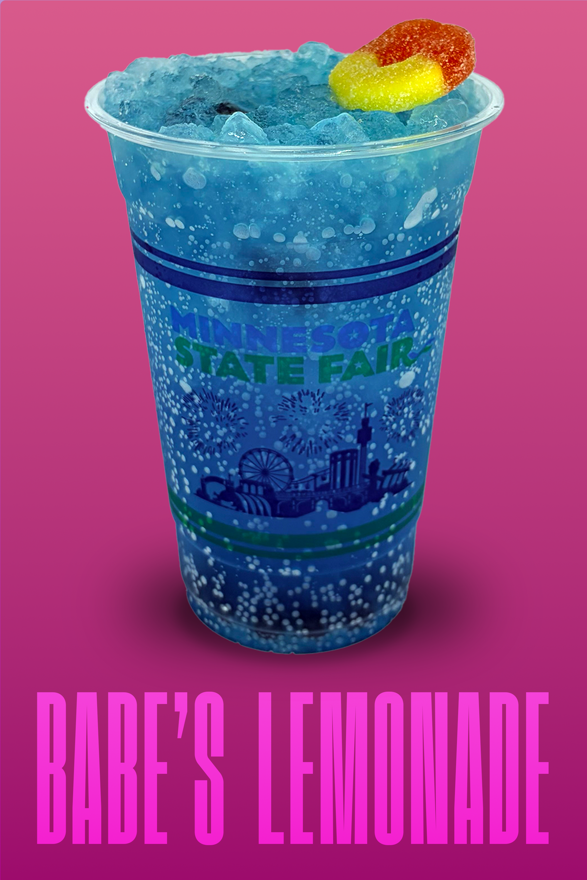 a plastic cup with ice and a blue beverage, featuring the minnesota state fair logo and illustrations of the fairgrounds, set against a bright purple background with the word "babe's lemonade" in purple letter, bottom.