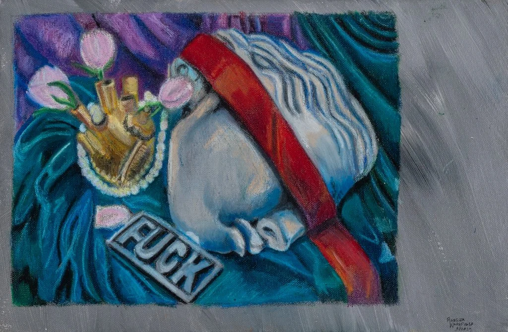 Another Fucking Still Life, Acrylic, Oil Paint, and Oil Pastel on Canvas, 11 in. x 17 in., 2025