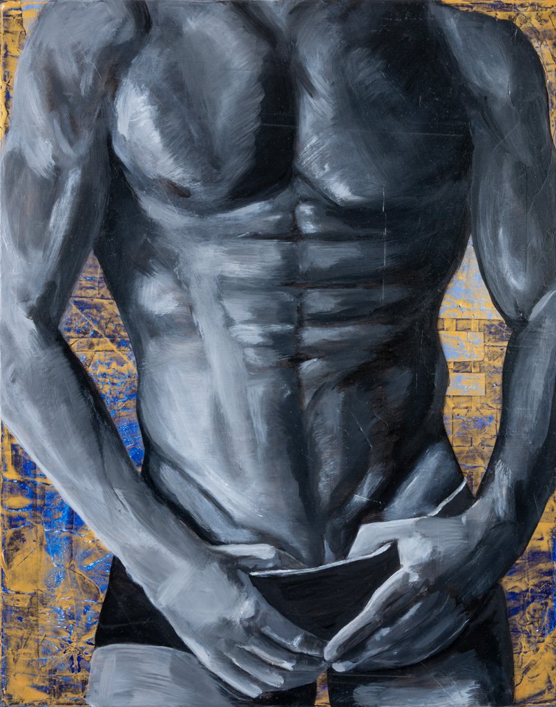 Luiggi in Gold and Blue, Oil and Acrylic Paint on Canvas, 20in x 16in, 2024