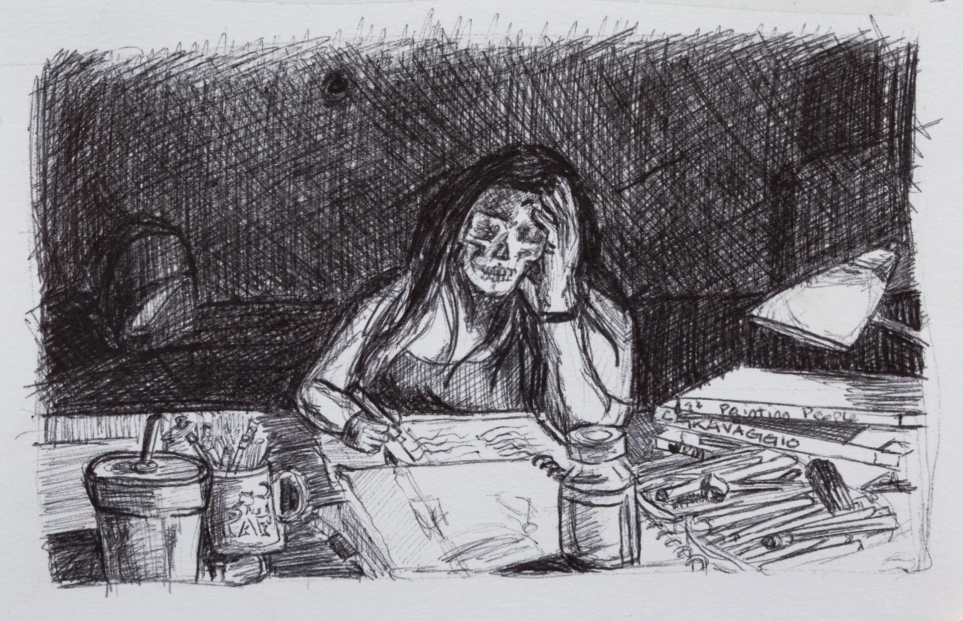 Writing the Thesis During a Migraine, Pen on Paper, 3 in. x 5 in., 2024
