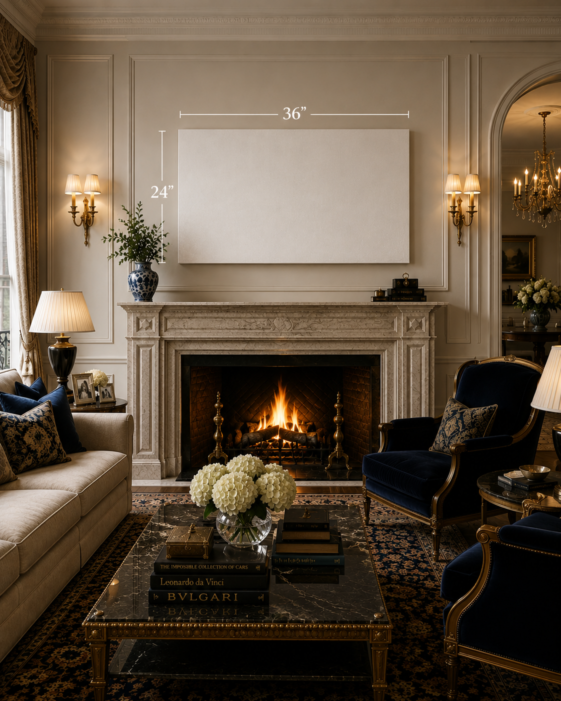 a blank 24x36 painting is mounted above a fireplace in a reception room