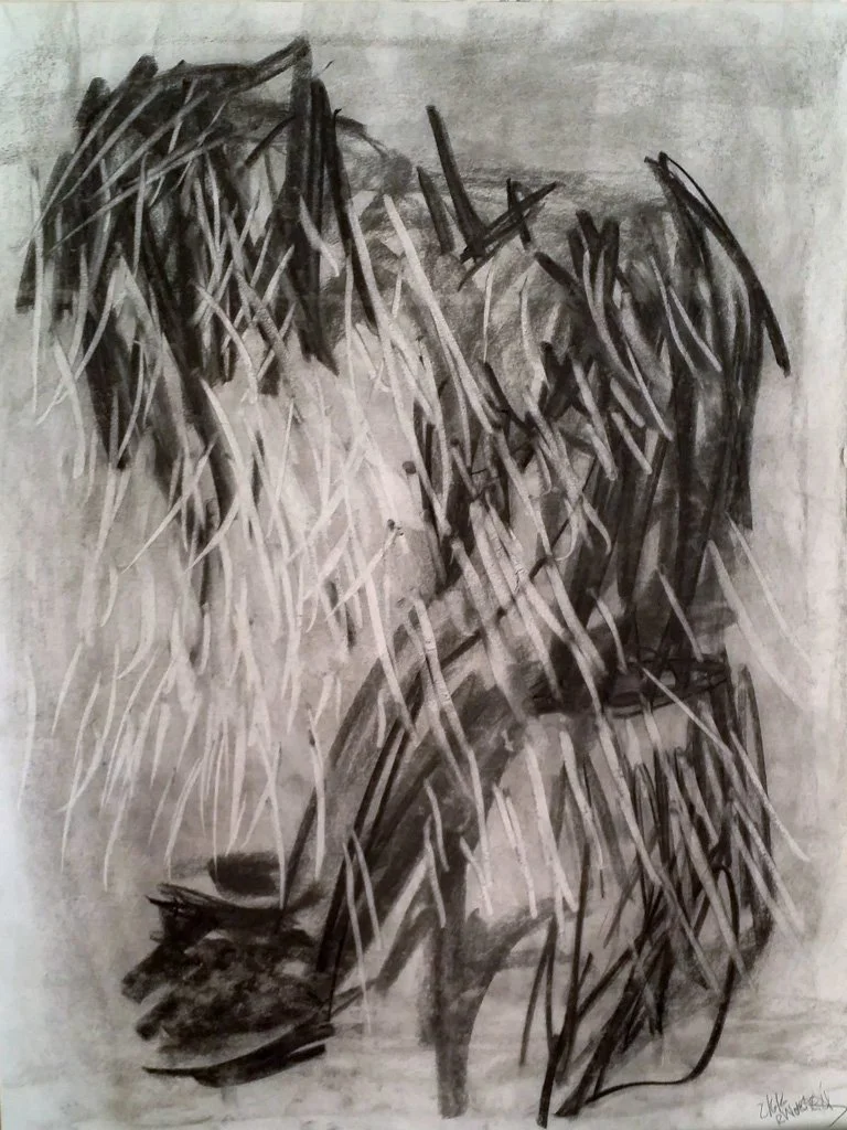 Male Figure in a Shower (Left), Charcoal on Paper, 24 in. x 18 in. 2006