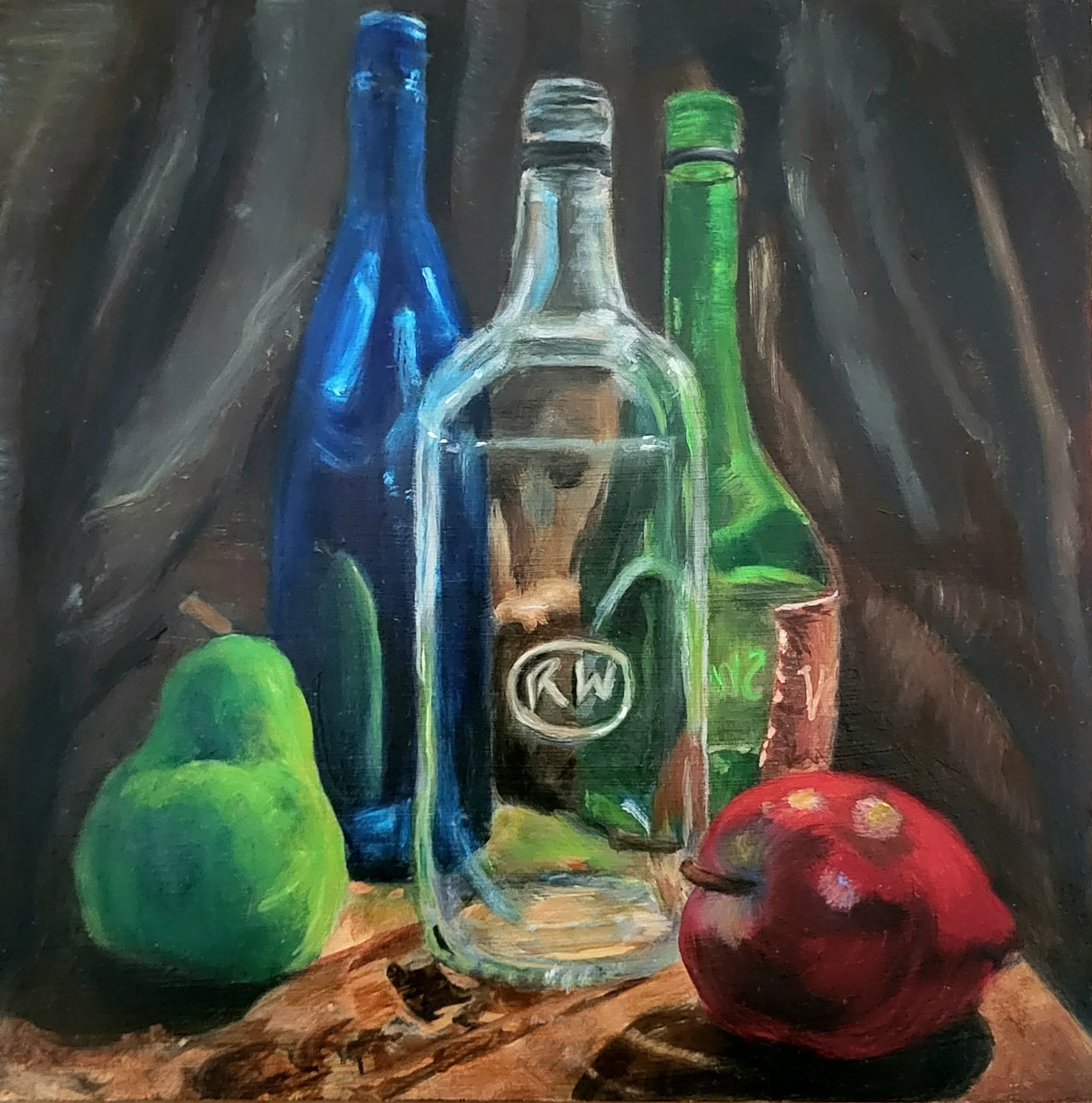 Bottles & Fruit, Oil on Wood, 10 in. x 10 in., 2026