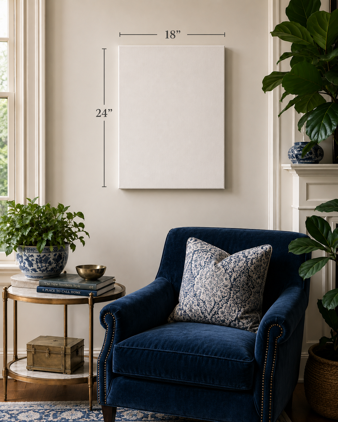 a blank 18x24 canvas is mounted above a blue armchair and coffee table.