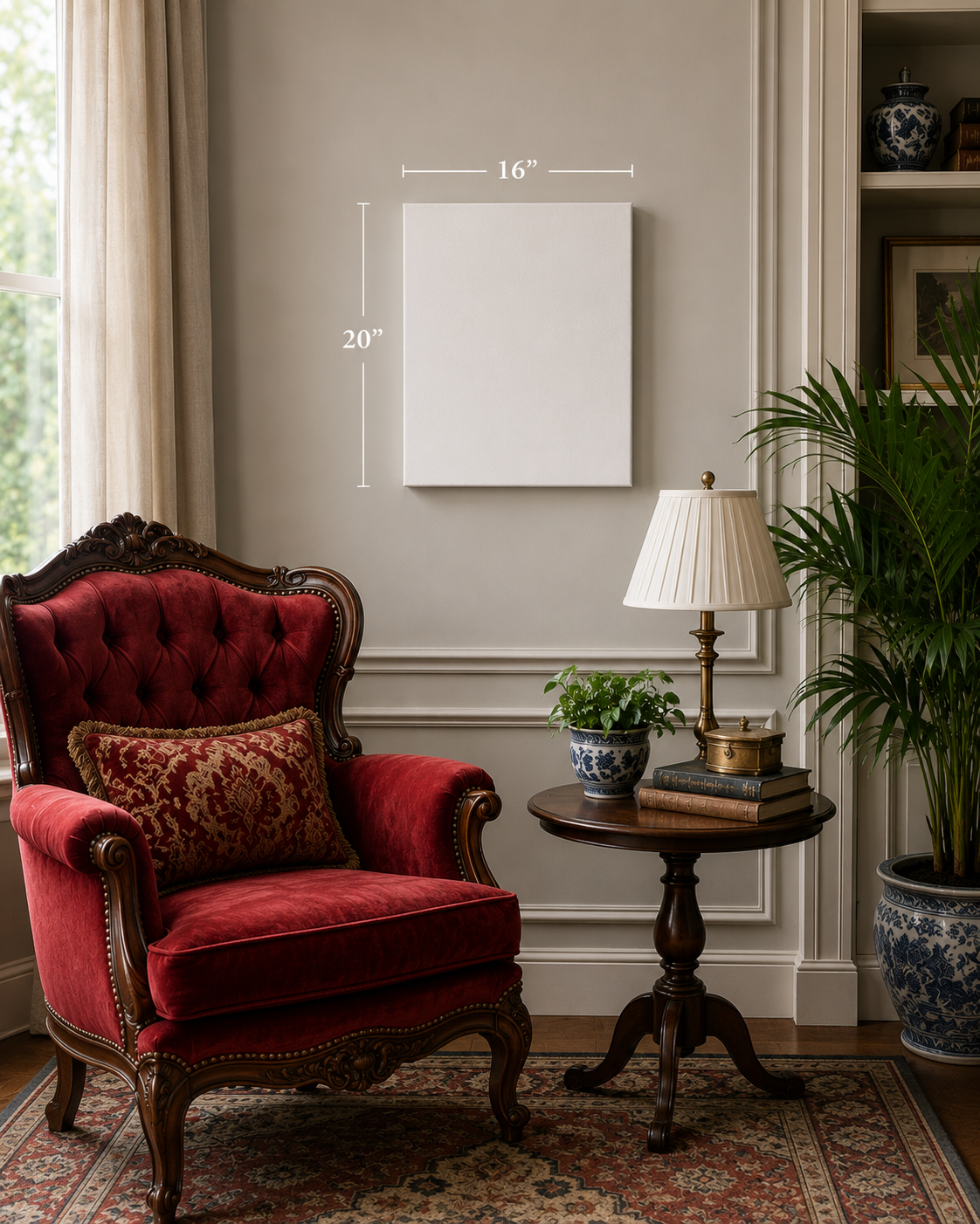 a blank 16x20 inch canvas near an elegant red chair by the window