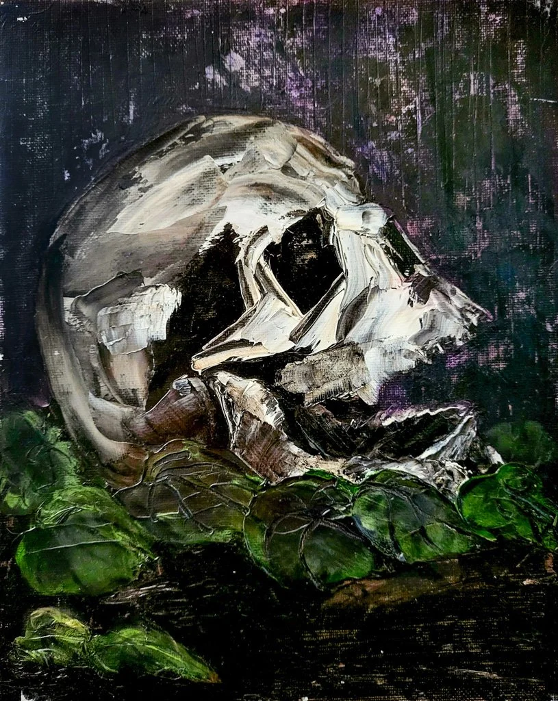 Skull and Leaves, Oil on Canvas Board, 10 in. x 8 in., 2021