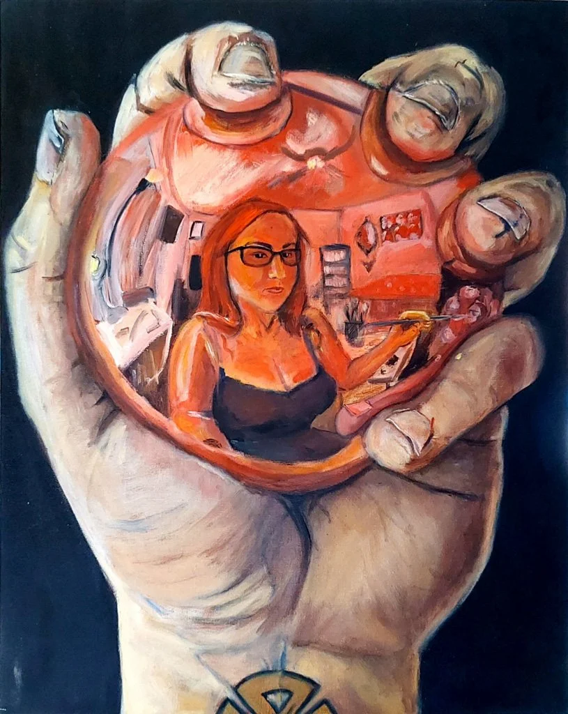 Self-Portrait in an Orb, Oil Paint on Canvas Board, 20in x 16in, 2020