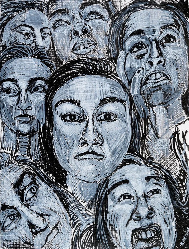 Phases of Faces, Oil Pen on Canvas Paper, 11 in. x 9 in., 2025