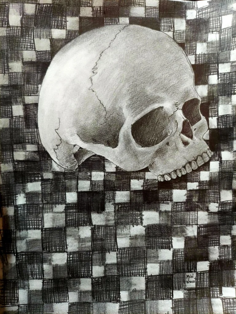 Skull and Squares, Graphite on Canson, 12 in. x 9 in., 2022 