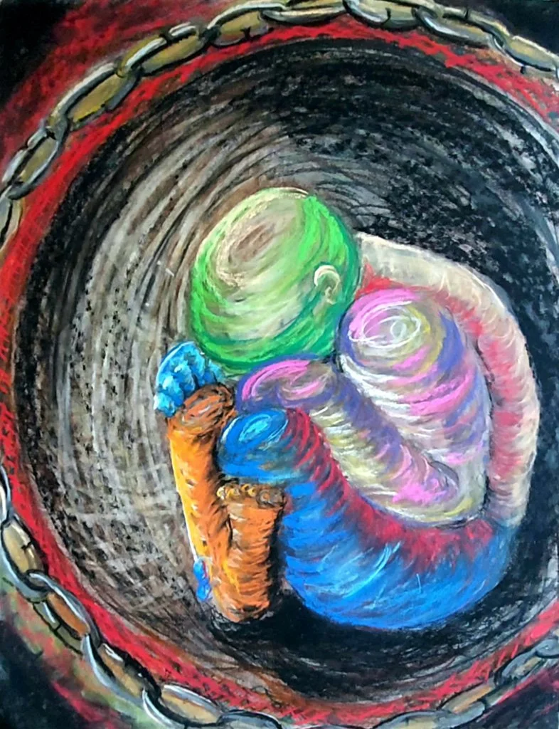"Baby's in Prison, Call it a Womb" (left & right), Soft Pastels on Bristol Board, 24 in. x 18 in., 2006 - 2016