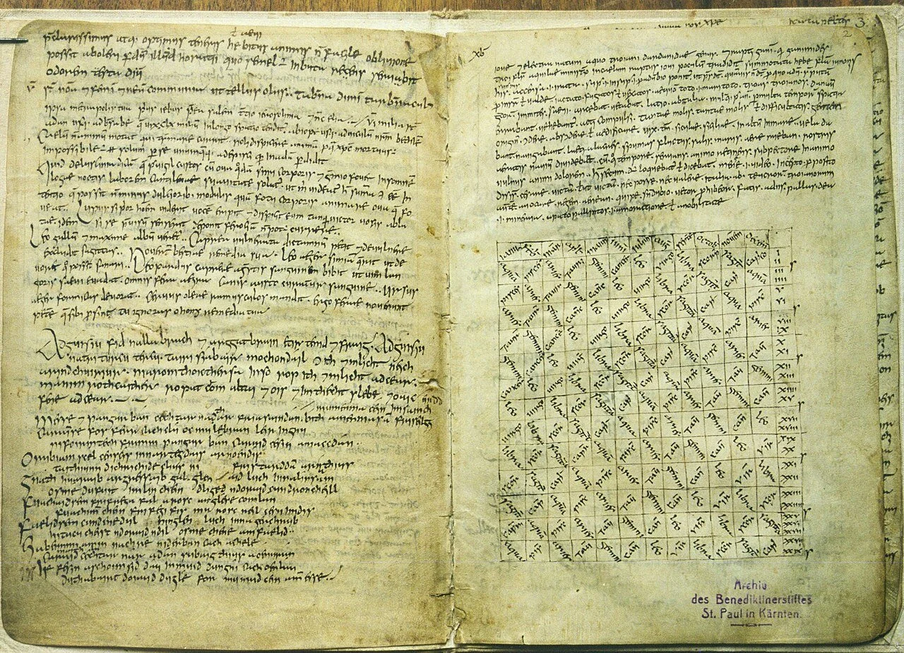 A ninth-century book opened to pages written in Old Irish