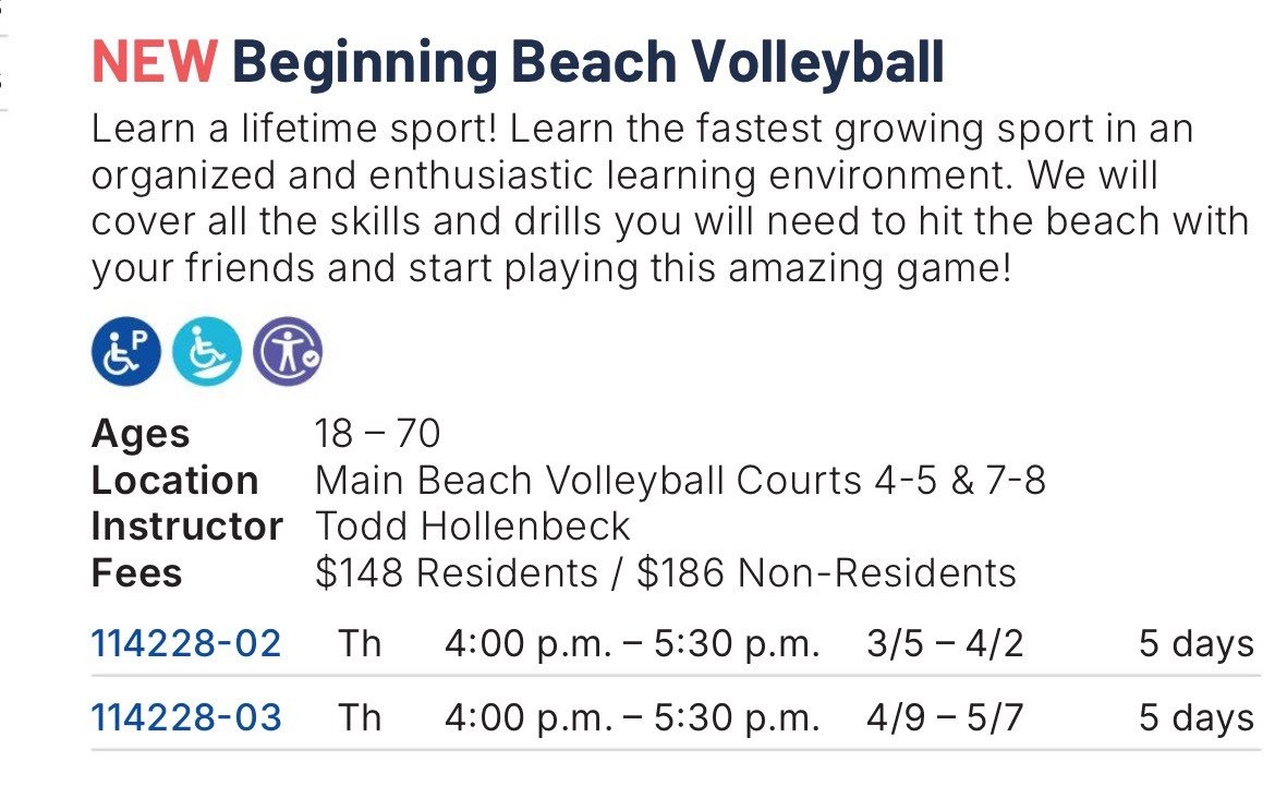 Want to play beach volleyball but not sure where to start? 🏐☀️
This is your sign.

Coach Todd&rsquo;s Beginning Beach Volleyball classes at Main Beach are the perfect way to learn the fundamentals, sharpen your skills, and meet people to play with&m