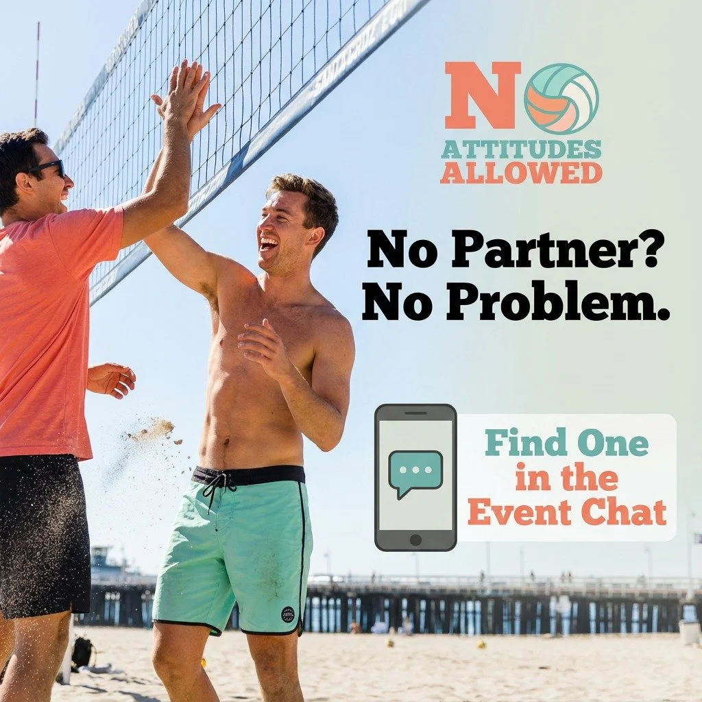 Not having a partner shouldn&rsquo;t keep you off the sand! 🏖️

If you want to play in a No Attitudes tournament but don&rsquo;t have a partner &mdash; or if your partner drops out last minute &mdash; here&rsquo;s how to get connected 👇

✅ Open the
