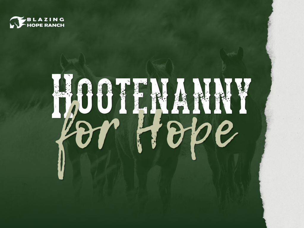 Horses in field with the words Hootenanny for Hope in Front of them