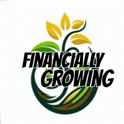 A graphic of a plant with yellow and green leaves emerging from a dark swirl, with the words 'Financially Growing' in bold black font across the center.