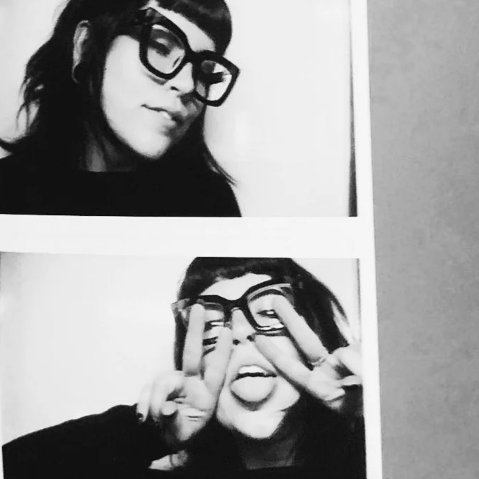 Two black-and-white photos of a young woman with dark hair and glasses, making playful faces.