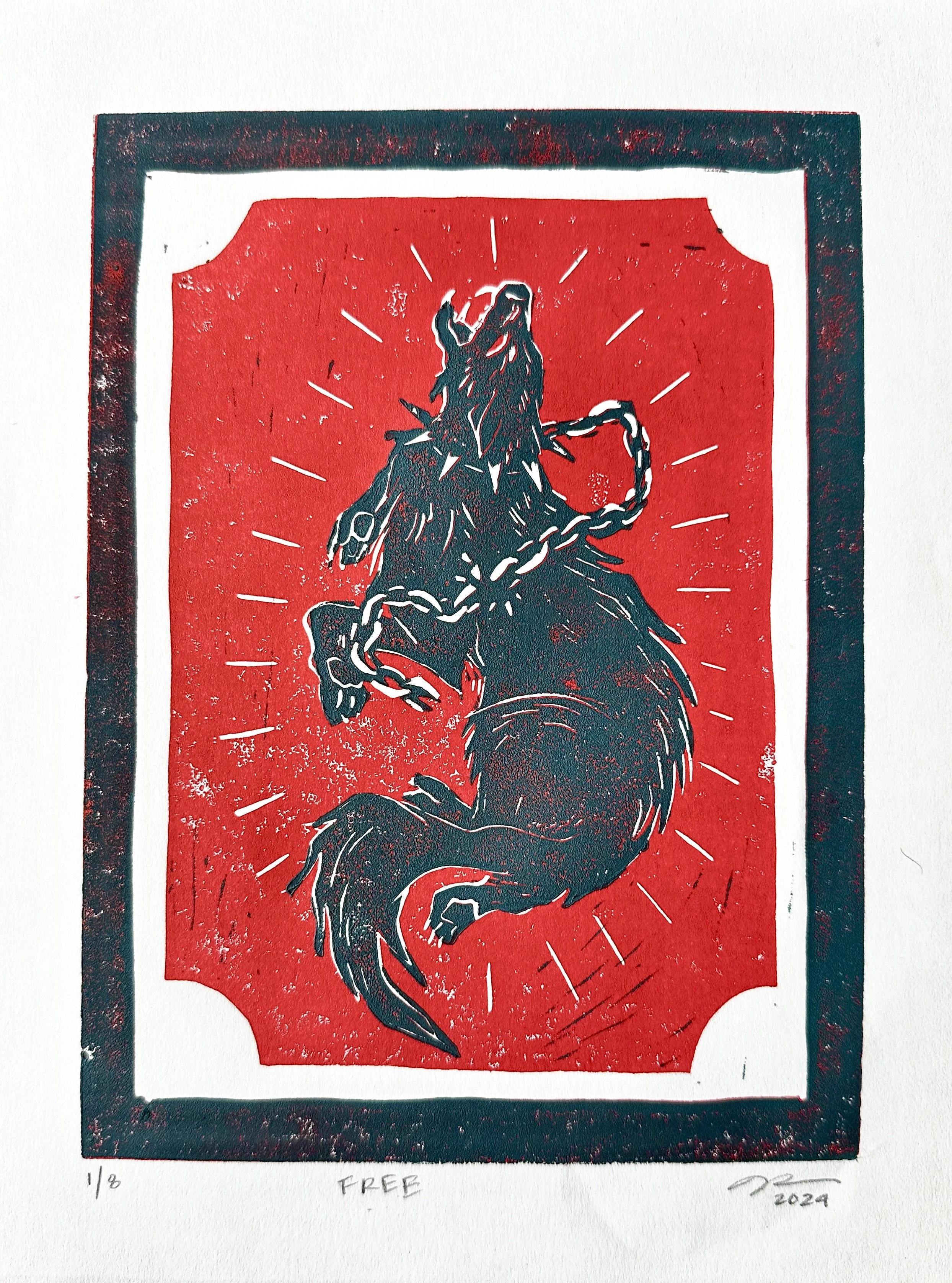 'Escape',
Linocut on paper,
2024