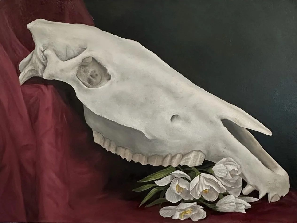 Cow Skull and Plastic Flowers Still Life,
Oil on canvas,
2023