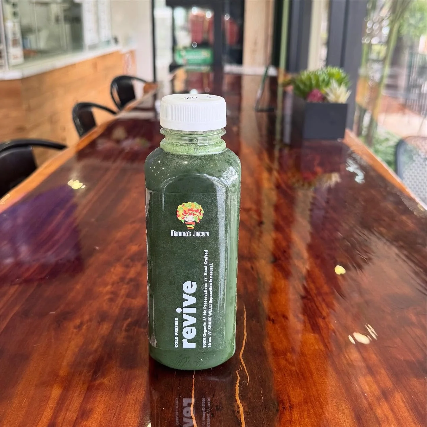 The Revive 🌱✨

A tropical twist on greens! Packed with kale, spinach, broccoli, wheatgrass, parsley, alfalfa, spirulina, ginger &amp; garlic &mdash; balanced with pineapple, kiwi, mango &amp; green apple. Cleanses, energizes, and boosts immunity in 