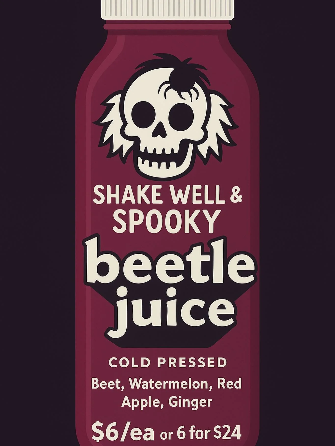 Sip if you dare!🪲🪦

Beetle Juice, Beetle Juice, Beetle Juice!

Cold-pressed with beet, watermelon, red apple &amp; ginger.
✨ $6 each or 6 for $24 ✨

#mammasjuicery #BeetleJuice #SpookySip