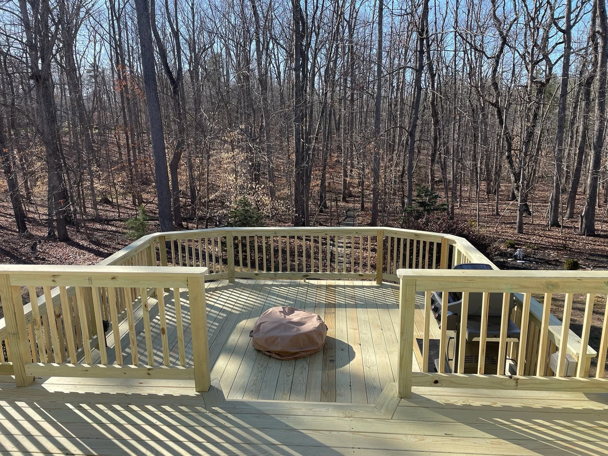 View from a wooden deck overlooking a wooded area with leafless trees and clear blue sky.
