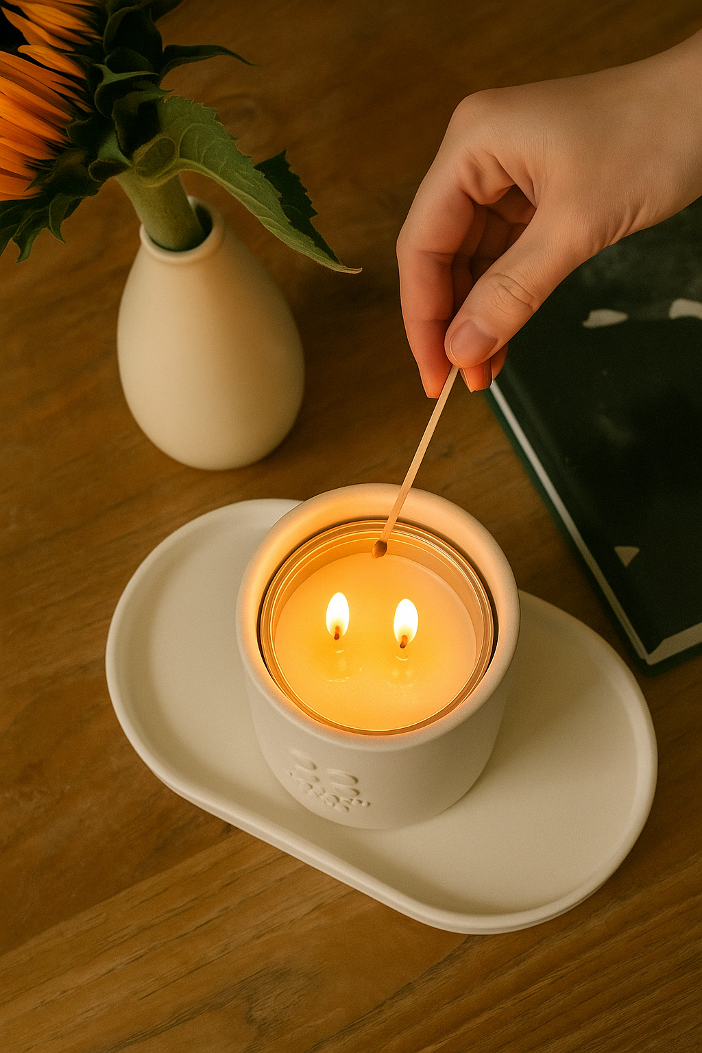 A hand lighting a candle in a glass jar on a white tray. There is a sunflower in a white vase and a black book on a wooden surface.