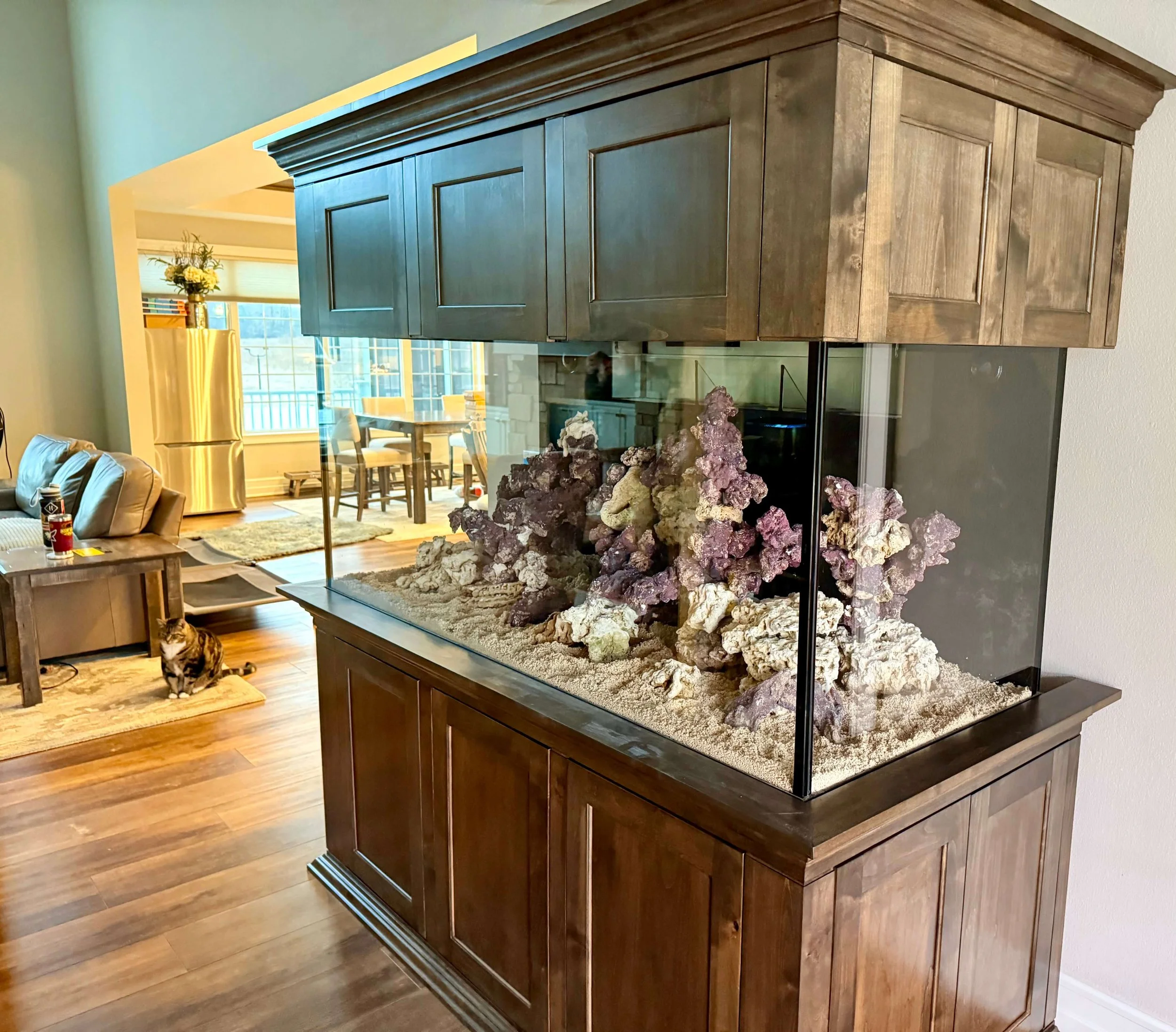 A large home saltwater aquarium with a wooden stand and canopy, containing colorful live rocks and coral, situated in a living room with hardwood floors. In the background, a room with a dining area, refrigerator, and a cat sitting on a rug near a sofa.