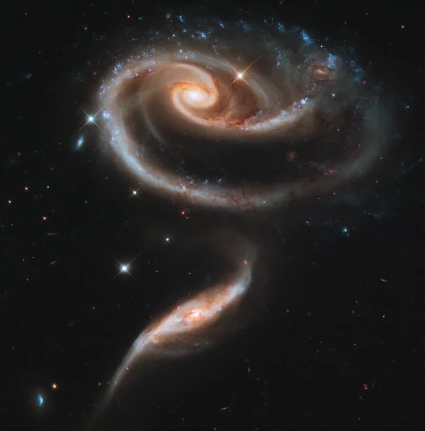 Spiral galaxies with bright centers and surrounding stars against the black space background.