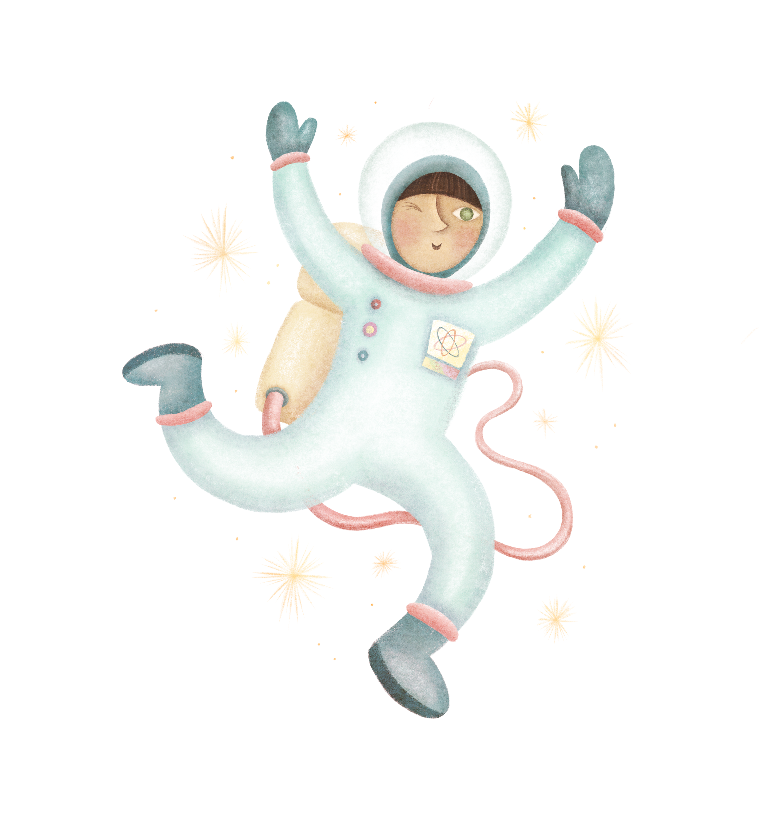 A person in a whimsical astronaut suit with a patch of an atom on the chest, floating in space with arms raised, surrounded by stars, and winking all wearing her braberry