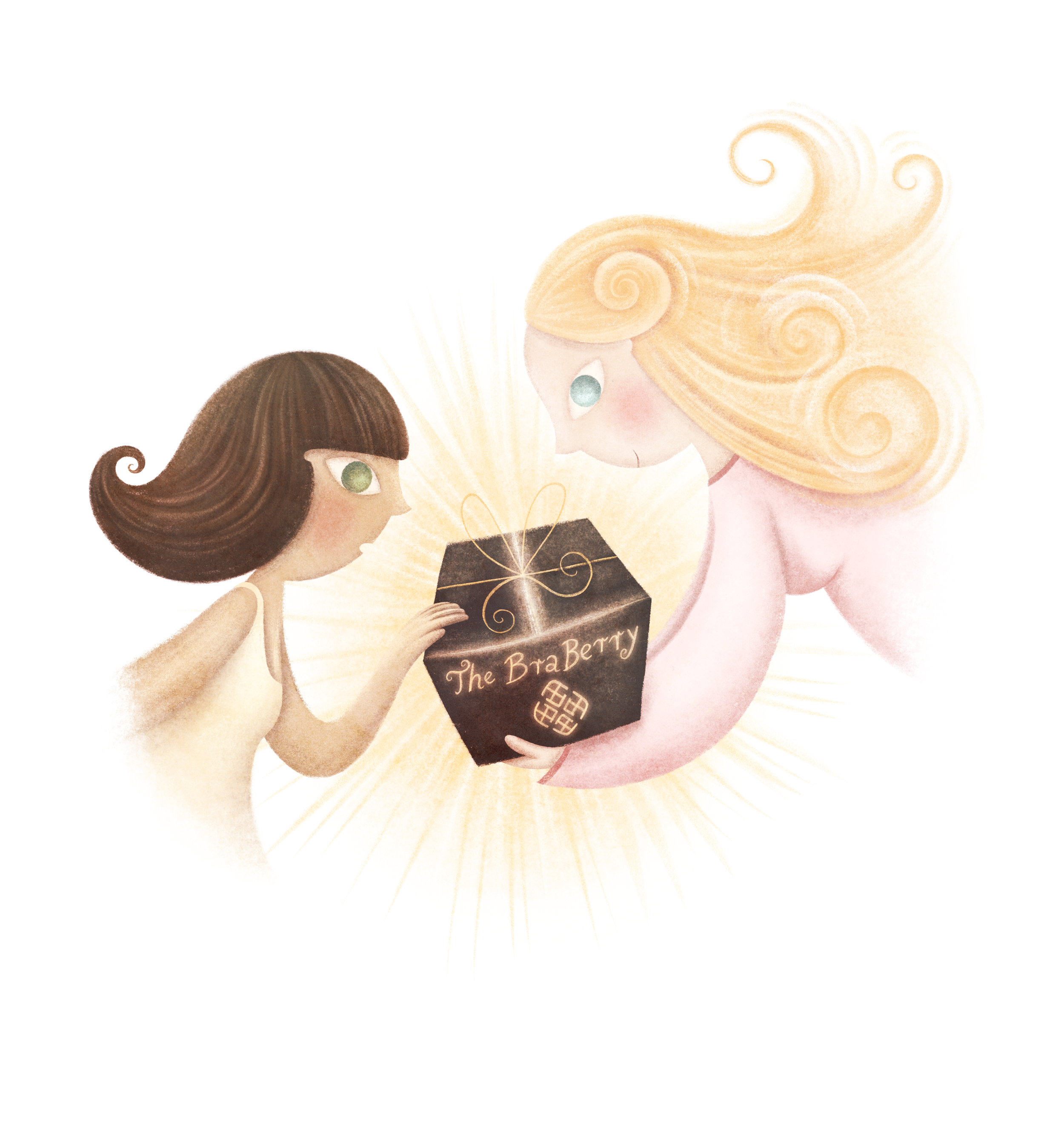 Madam X gifting Lia, one with brown hair and the other with blonde hair, exchanging a black box labeled "The BraBerry" with a glowing light shining from it.