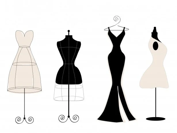 Illustration of four different dress forms: a light-colored wedding dress, a black dress form with dashed guidelines, a black evening gown on a hanger, and a cream-colored dress with a black patch on the shoulder.