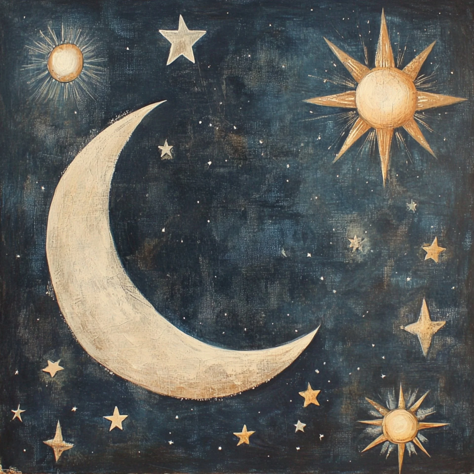 Painting of a night sky with a large crescent moon, several stars, and sun-like celestial bodies.
