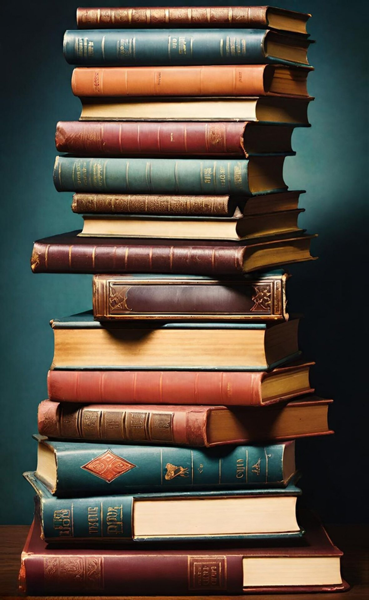 A tall stack of old hardcover books with various colors and gold lettering on the spines, set against a dark background.