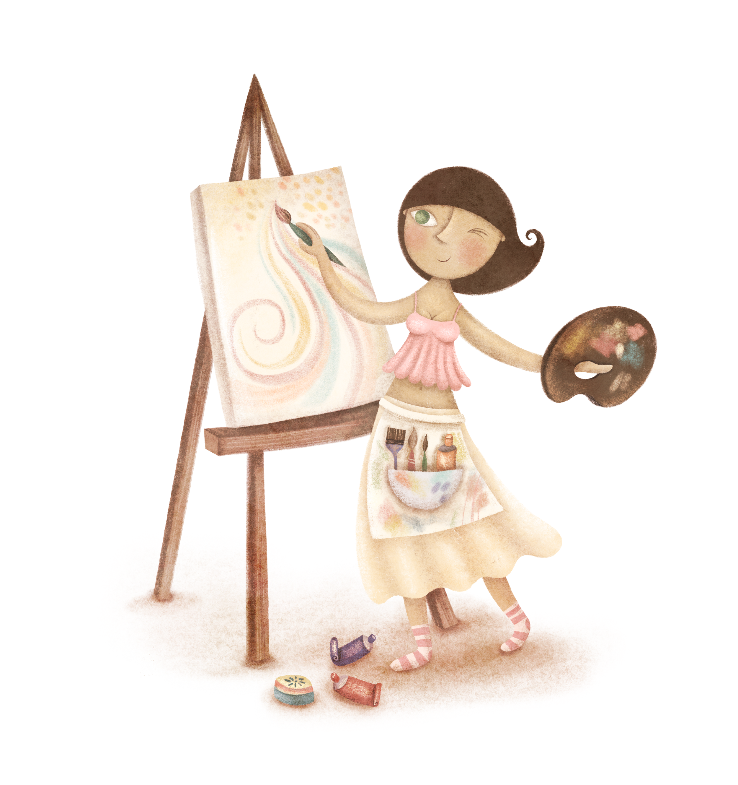 A cartoon girl painting on a canvas in an art studio, holding a paintbrush and palette, with colorful paint tubes and a spool of thread on the floor all wearing her braberry
