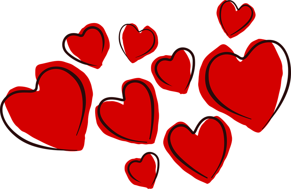 Multiple red hearts outlined in black on a black background.