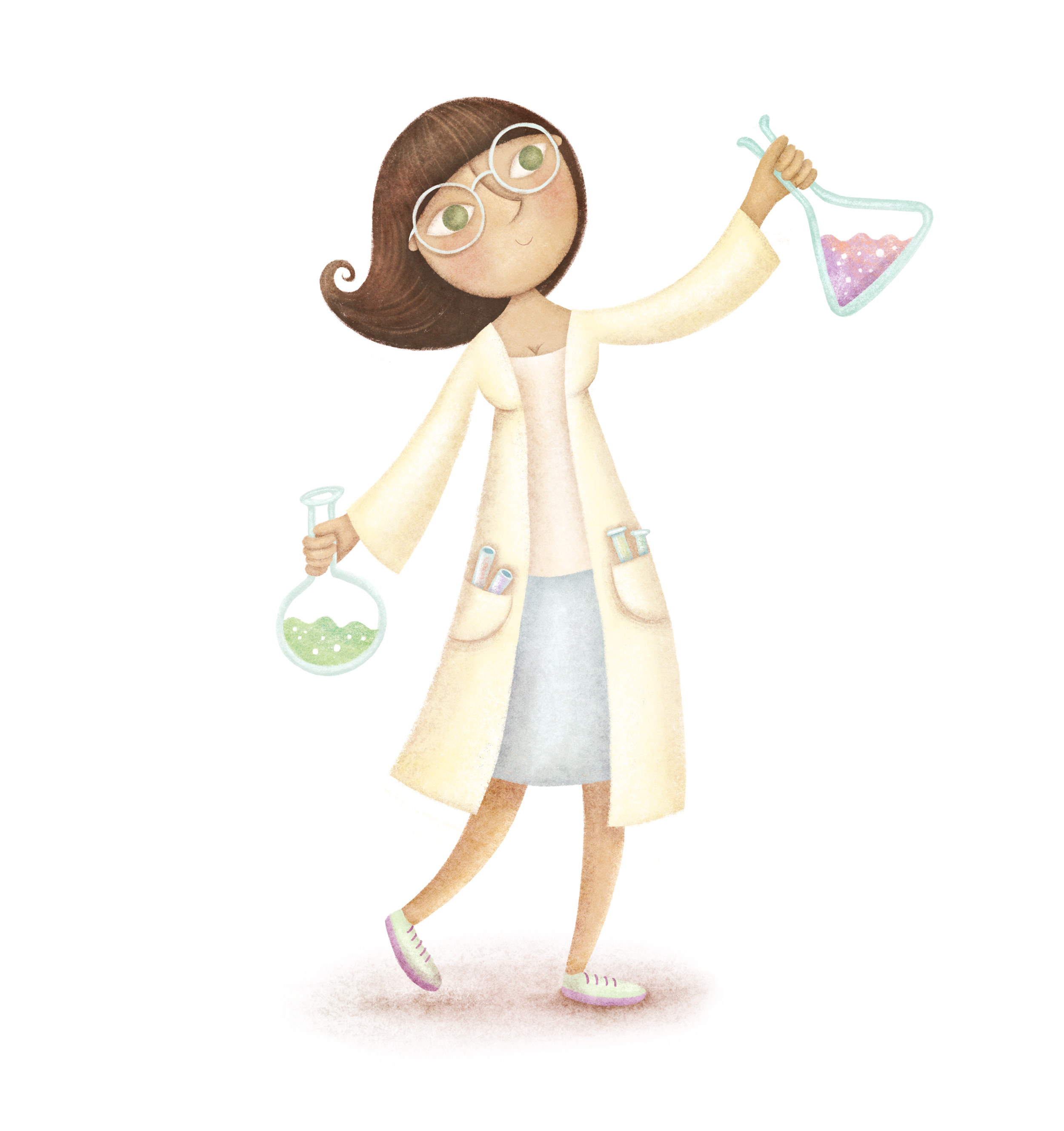Cartoon of a female scientist with brown hair, glasses, wearing a white lab coat, holding two flasks with colorful liquids, smiling all wearing her braberry