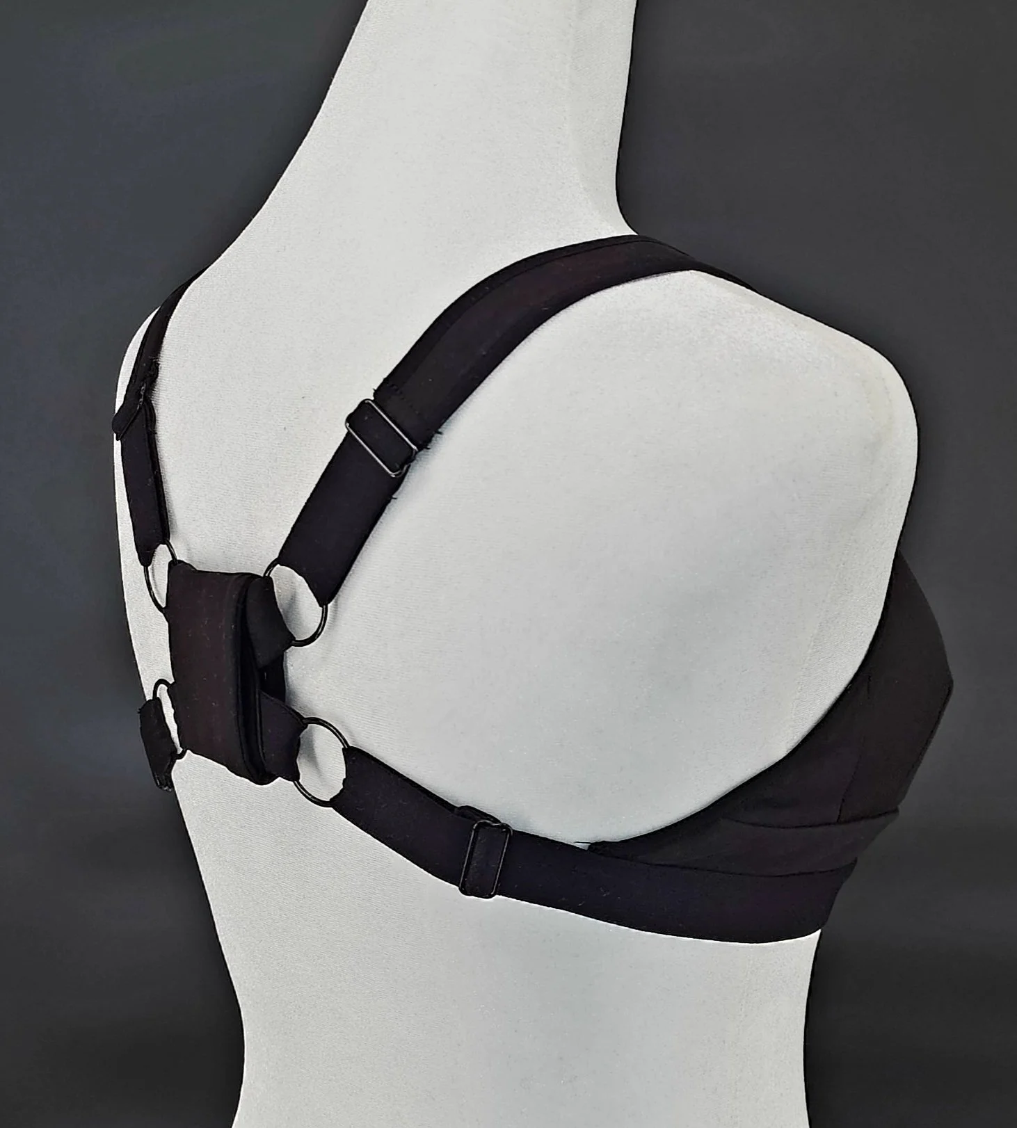 The BraBerry, patented, no underwire, no stomach pressure, pure cotton, Posture correcting back strap combination,  45 degree back view with original crisscross back straps.