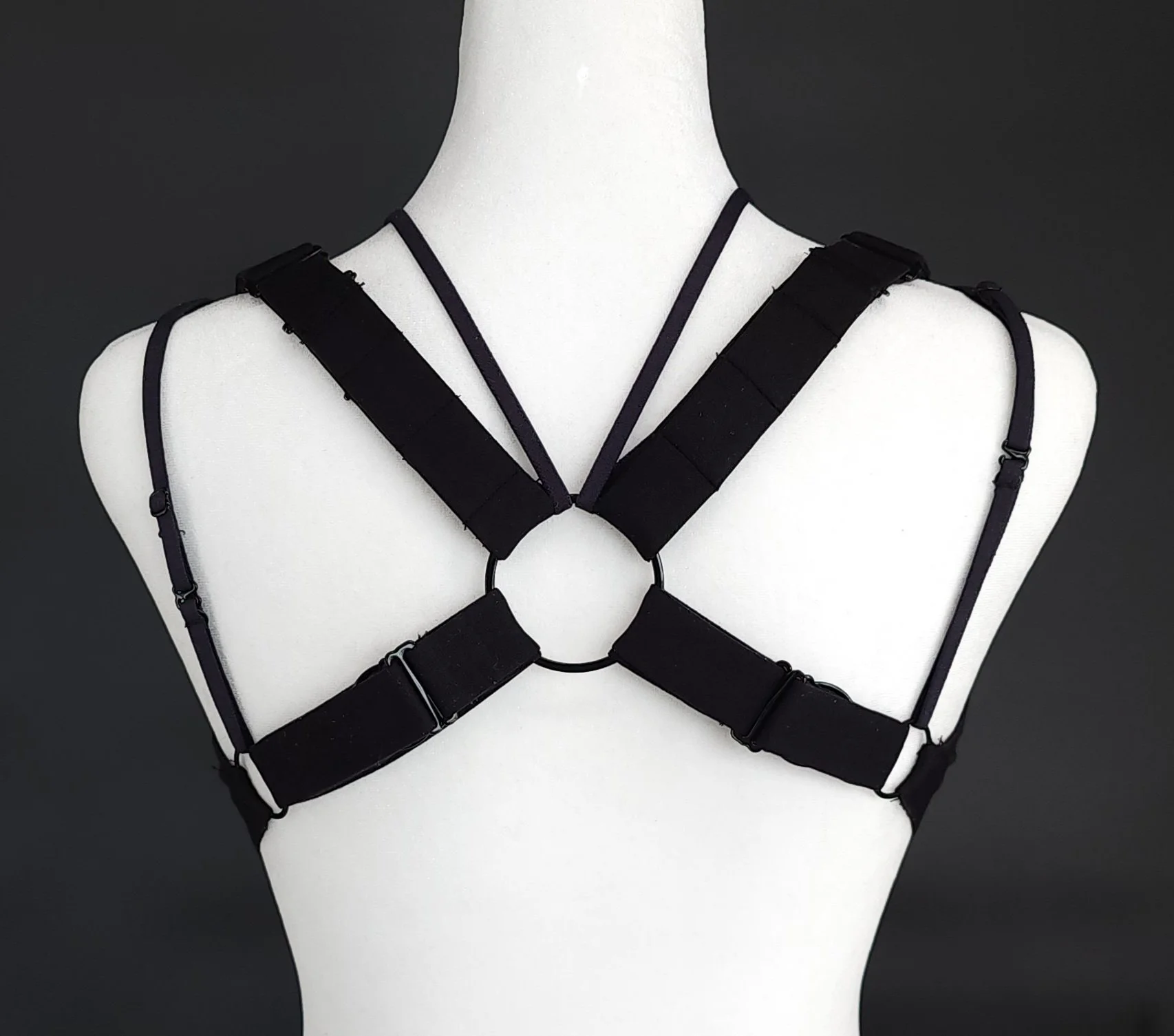 The BraBerry Gold, patented, no underwire, no stomach pressure, pure cotton, Posture correcting back strap combination 45 degree angle back view with additional crisscross back straps.