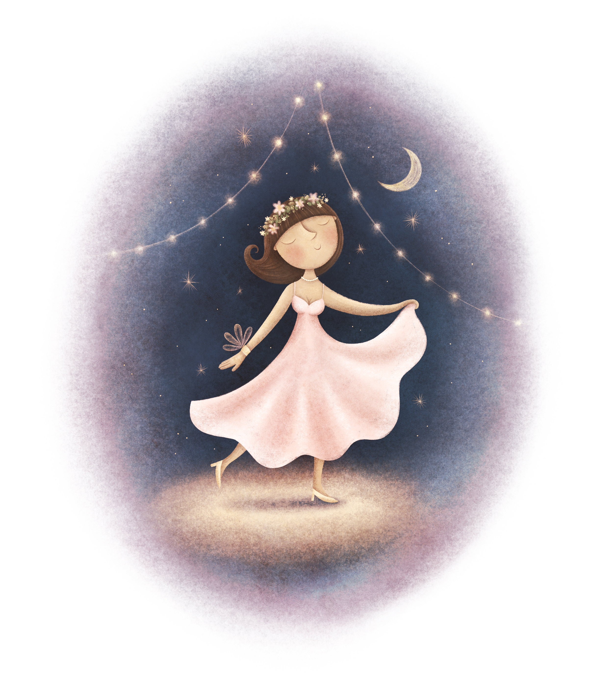 A whimsical illustration of a girl in a pink dress twirling with closed eyes under a starry night sky, wearing a floral crown and a pearl necklace, with a crescent moon and constellations overhead all wearing her braberry
