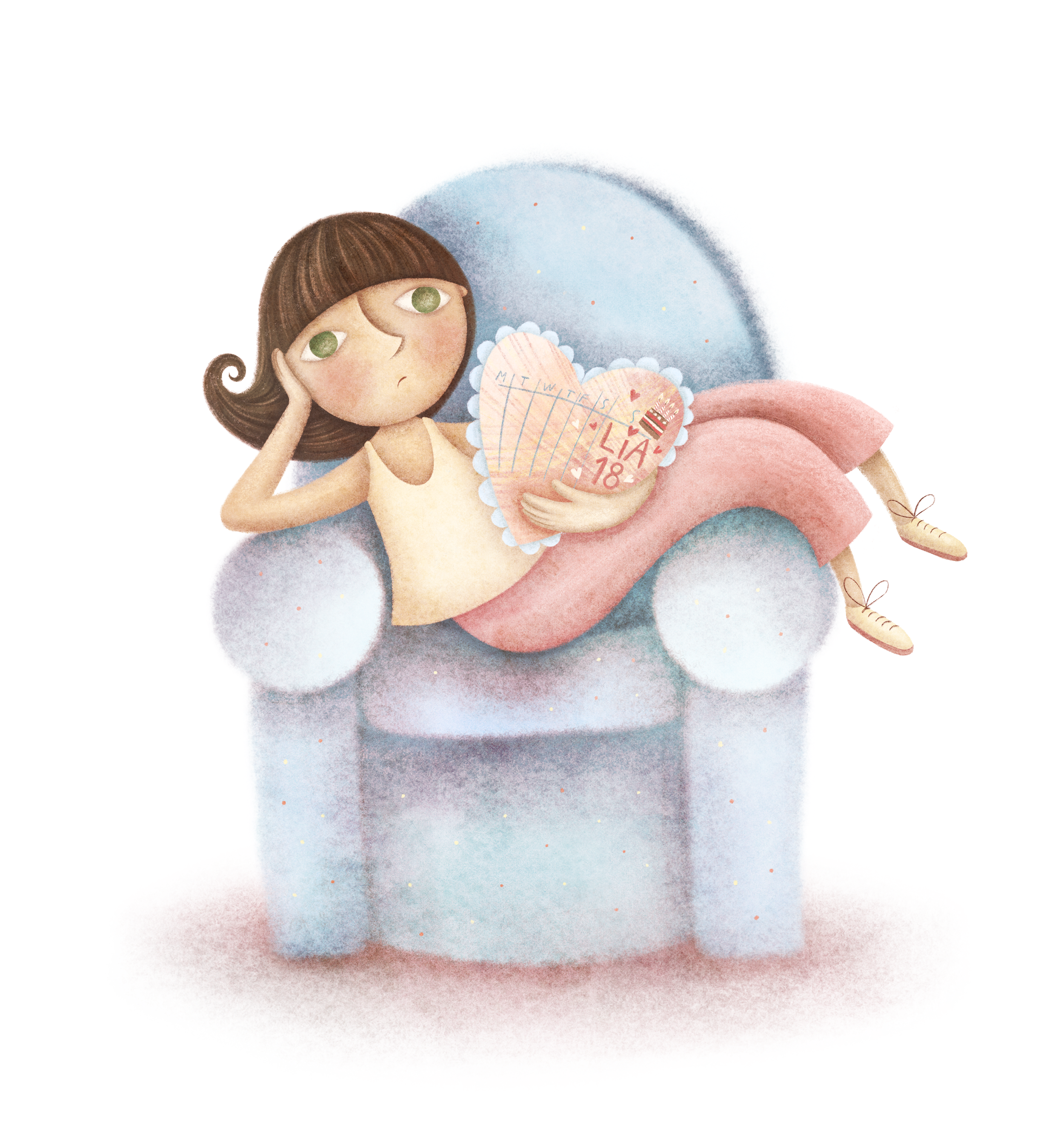 Illustration of Lia a girl with brown bob haircut and green eyes lying on a light blue armchair. She is holding a heart-shaped piece of paper with writing on it, and appears to be deep in thought.