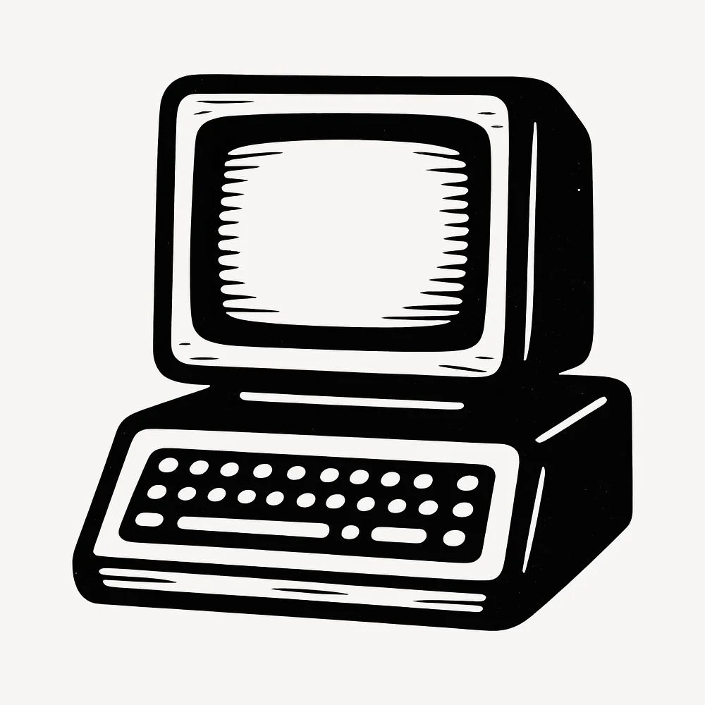 Black and white illustration of an old-fashioned desktop computer with a monitor and keyboard.