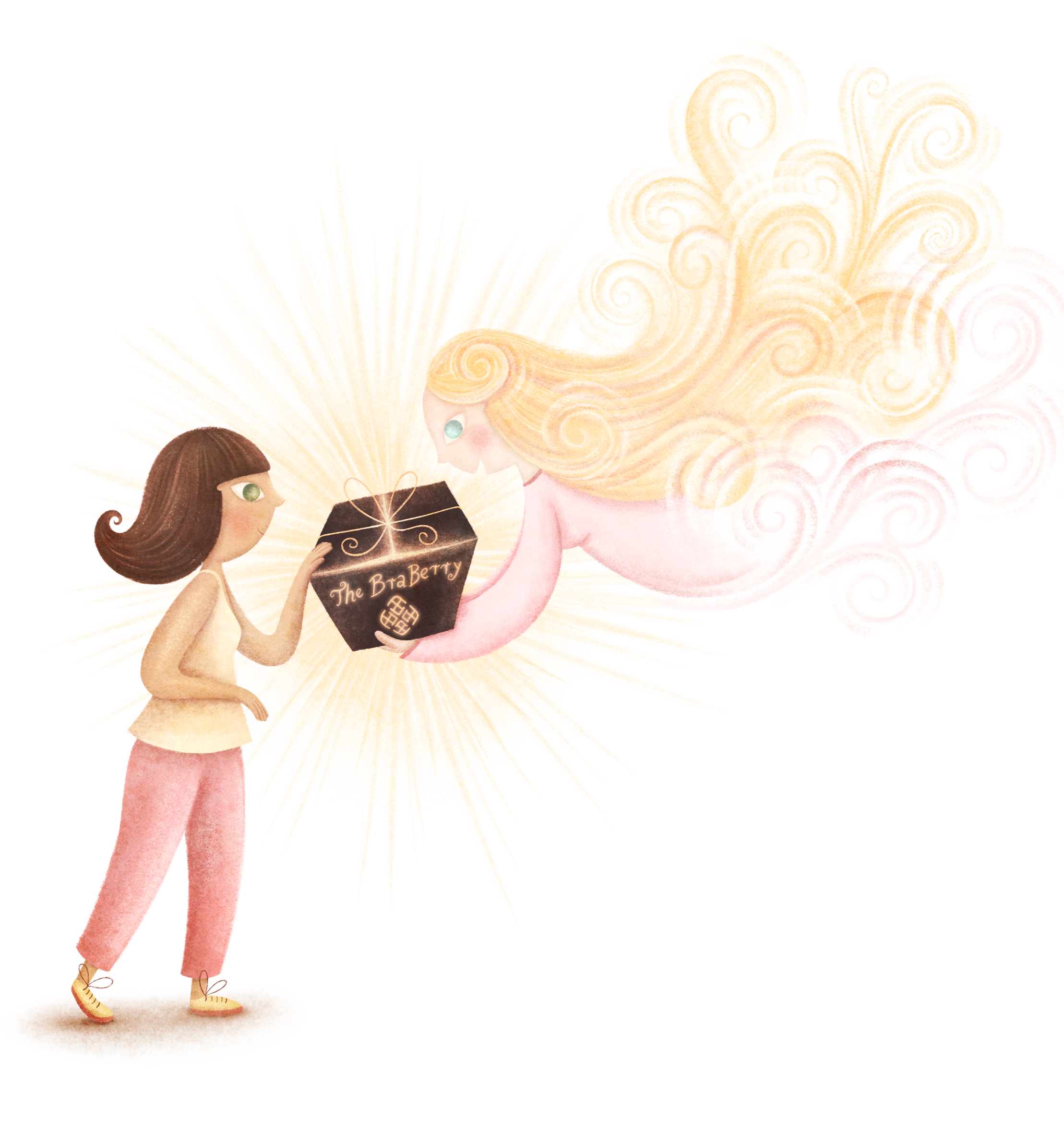 Lia A girl with brown hair and green eyes receives a glowing black box labeled 'The Braberry' from Madam X with flowing blonde hair, with a radiant background.