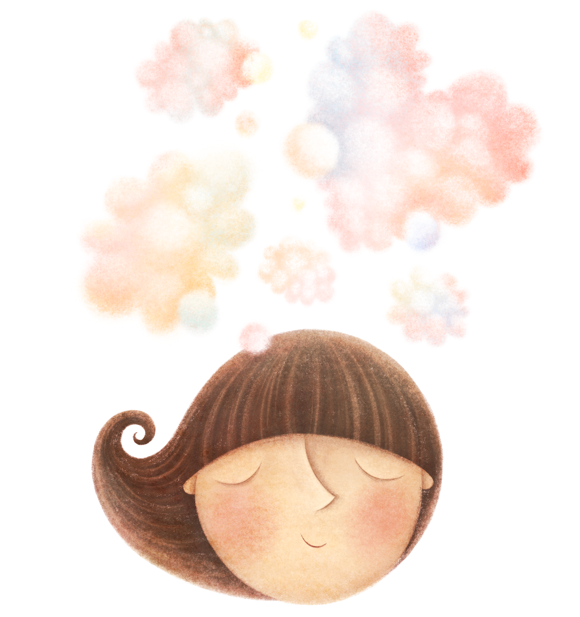 A cartoon girl with brown hair and a content smile, with pinkish cheeks, has pastel-colored clouds or thought bubbles floating above her head thinking about the braberry
