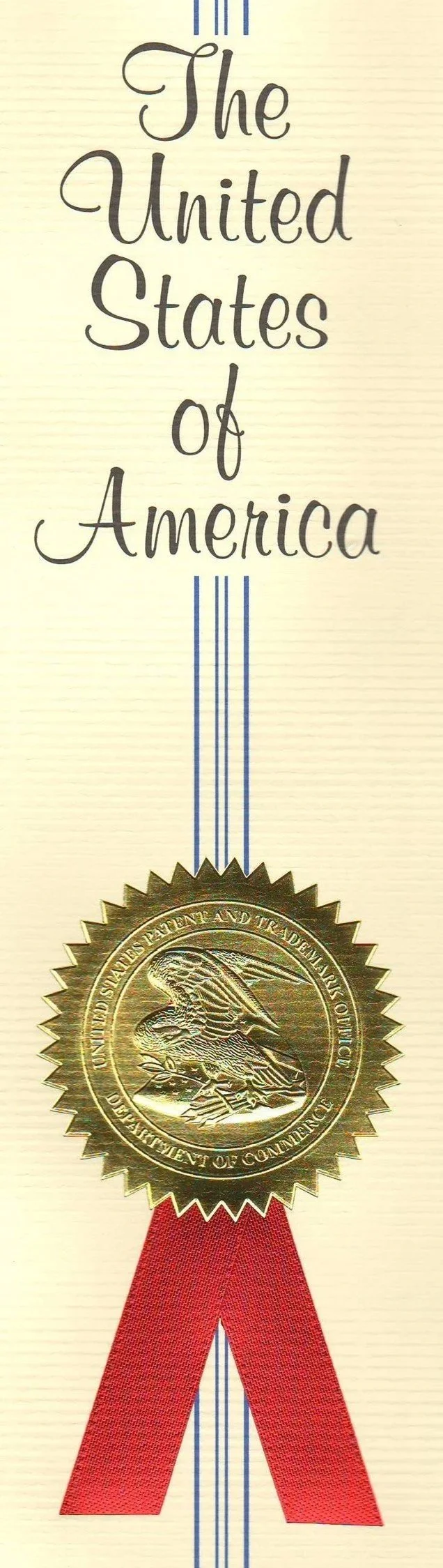 The image shows a ribbon with a gold seal and the text "The United States of America" written above it. The seal has an eagle and the words "United States Patent and Trademark Office" and "Department of Commerce" written around it.