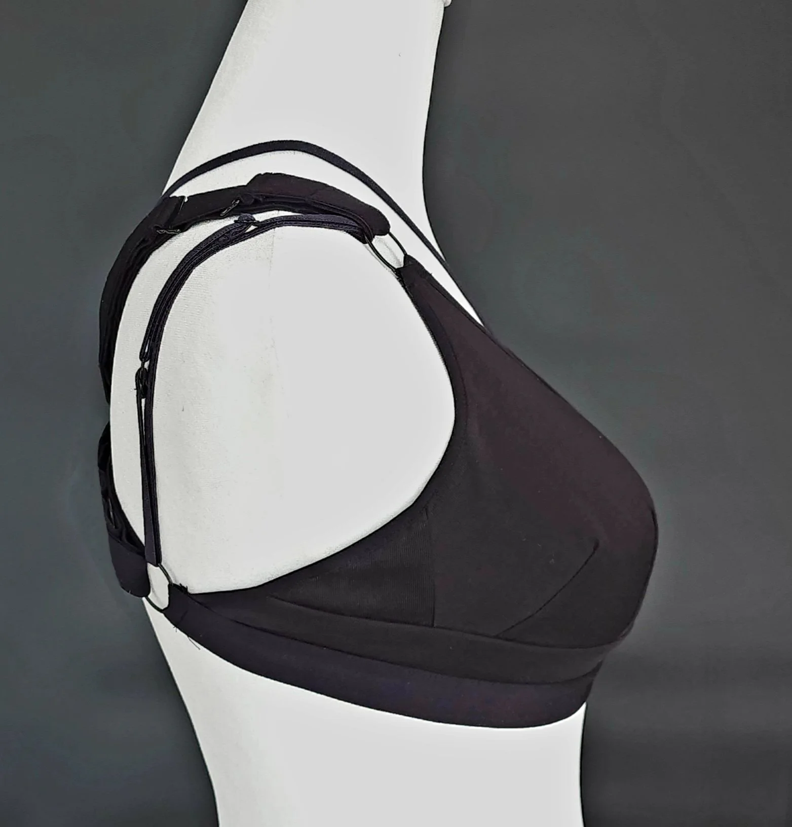 The BraBerry Gold, patented, no underwire, no stomach pressure, pure cotton ,Side View with additional crisscross frontal straps.