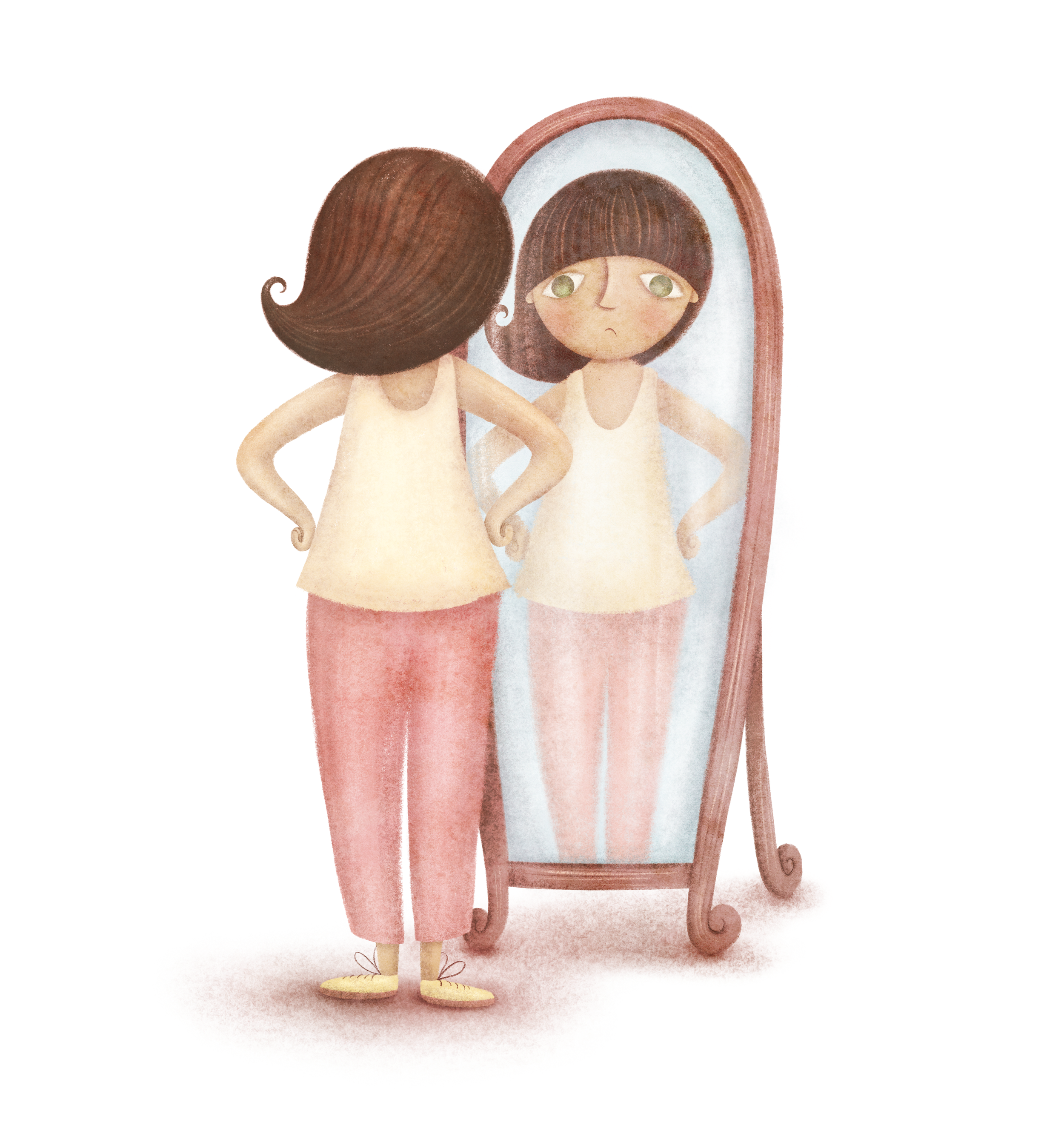 Lia a girl with brown hair looking at herself in a full-length mirror, standing with hands on her hips, wearing a light-colored sleeveless top and pink pants thinking about life.