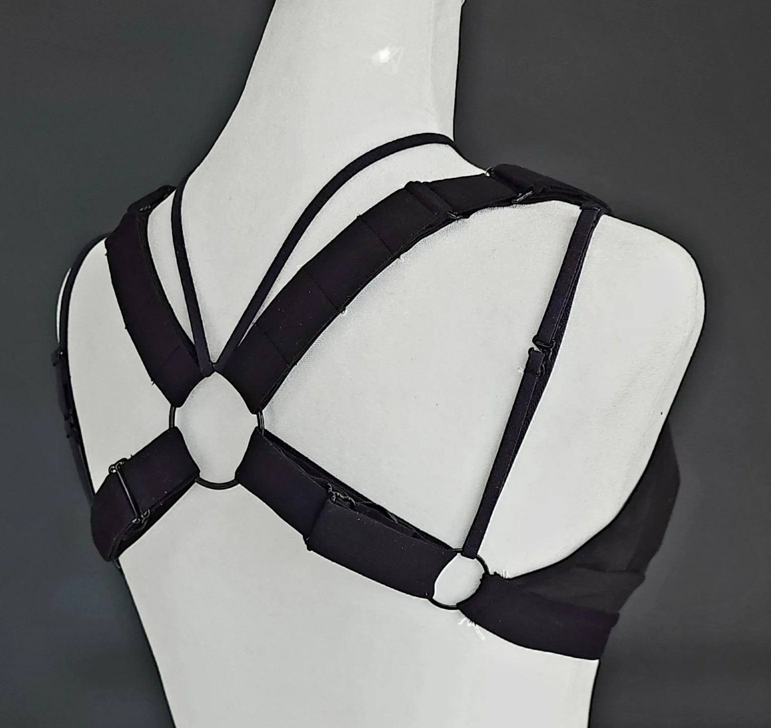 The BraBerry Gold, patented, no underwire, no stomach pressure, pure cotton, Posture correcting back strap combination 45 degree angle back view with additional crisscross back straps.