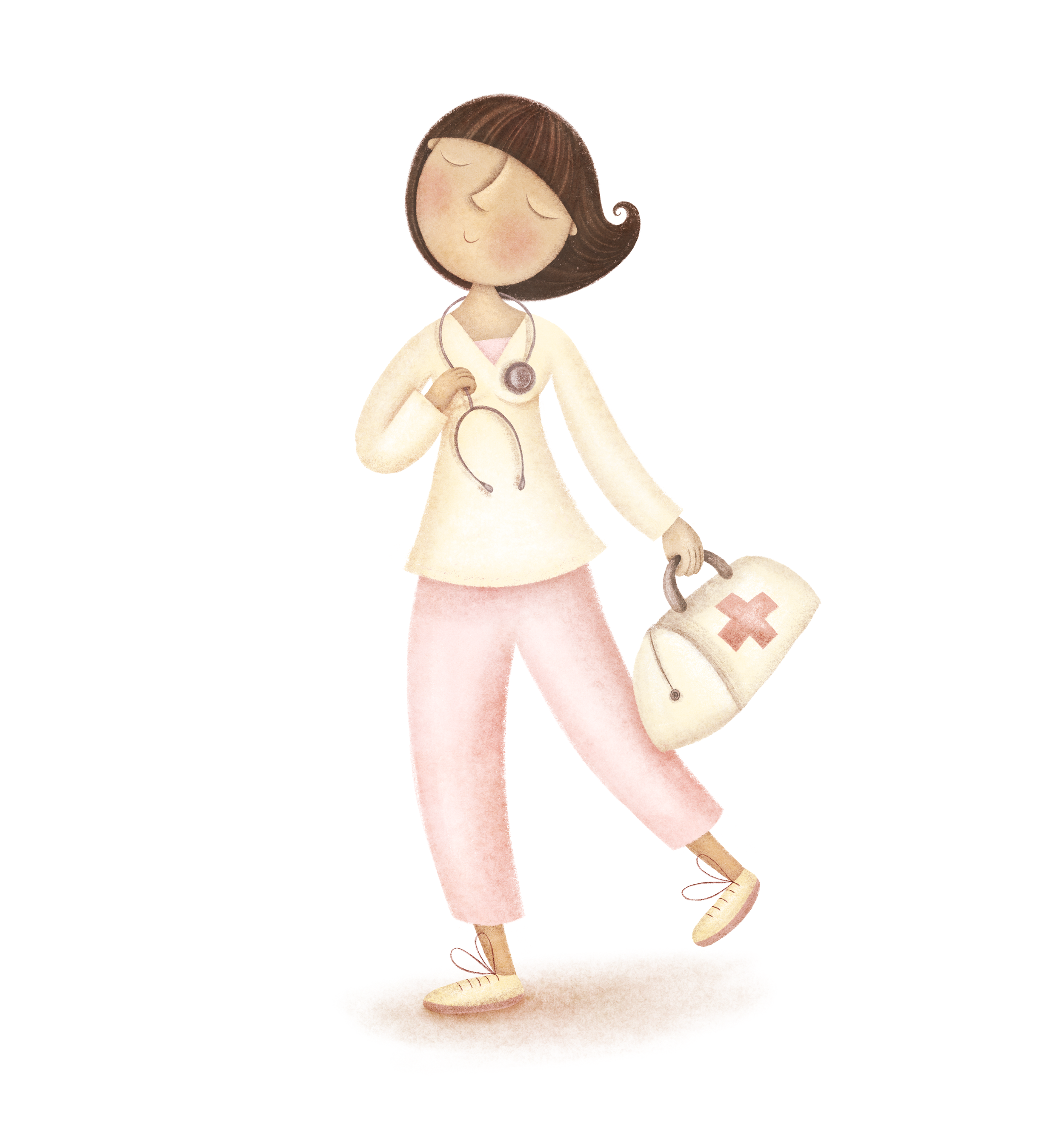 Cartoon nurse with brown hair, wearing pink pants and yellow shoes, holding a medical bag with a red cross and wearing a stethoscope around her neck, smiling with eyes closed all wearing her braberry