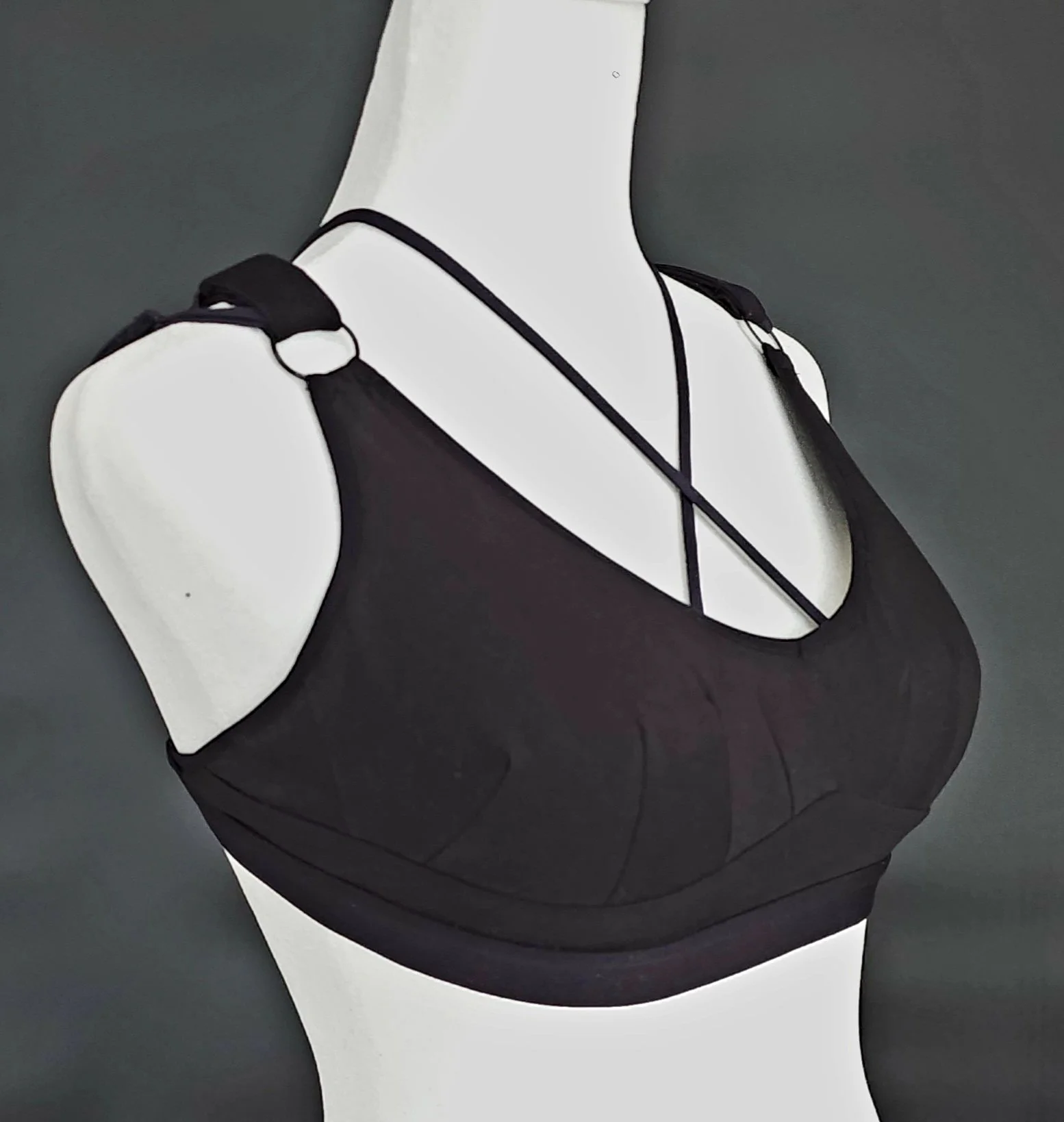 The BraBerry Gold, patented, no underwire, no stomach pressure, pure cotton, 45 degree angle View with additional crisscross frontal straps.